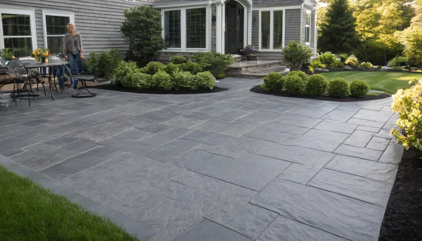 Newly finished stamped concrete patio with a slate pattern behind a home in the Economy area